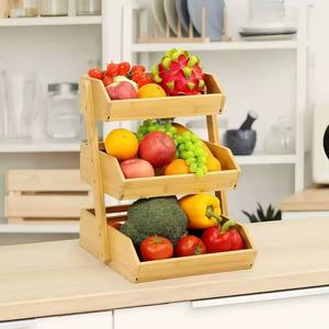 Panier de rangement multi-niveaux en bambou pour fruits, légumes et pain, avec trois étages, pour l'organisation du comptoir de cuisine - Product Image 2