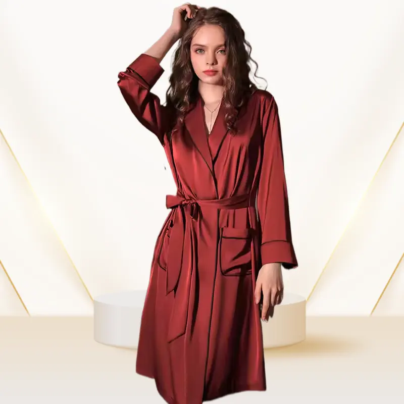 Kimono-Kleidung Kontrast Wimpern-Pjama-Satz Luxus langärmelig Nachtwäsche-Set Kleidung sexy Damen 100% Seiden-Satin-Kleid