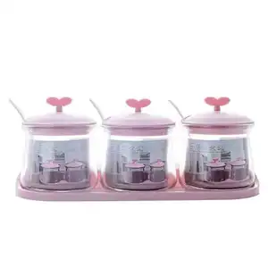 310ml Kitchen 3-Pieces Seasoning Jar Set With Lid+Spoon+Tray Glass Pepper Pot Salt Shaker Spice Can Sugar Canister Chilli Bottle