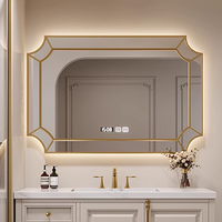 Miroir de salle de bain intelligent carré de style français, rétro européen, avec cadre en bois doré, fixation murale, éclairage LED et fonction anti-buée
