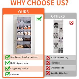 Over The Door Shoe Organizer 15 Pockets Grey Hanging Storage Rack For Closet Shoes With Large Pocket L Shape Design - Product Image 5