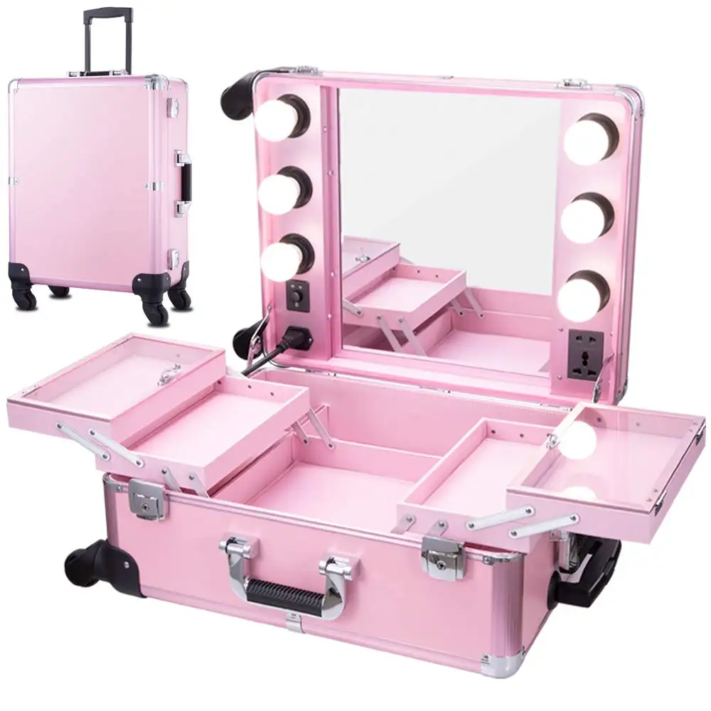 Rolling Makeup Train Case für Professional Artist mit Lights und Mirror Pink