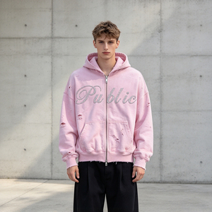 Sweat-shirt surdimensionné personnalisé pour homme en coton, 380 g/m², en molleton bouclette, avec lettres en strass, effet délavé, style Y2K, streetwear, OEM - Product Image 1