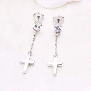 Bông Tai Dáng Dài Chữ Thập Dây Chuyền Thả Rơi Bằng Bạc Sterling 925 Cho Nam Nữ Trang Sức Bông Tai Tua Rua Hình Quả Cầu Punk