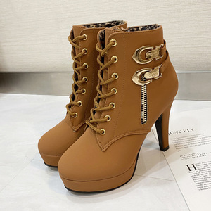 Bottines à talons hauts et épais pour femmes, noires, à brides croisées, bout rond, pour femmes - Product Image 5