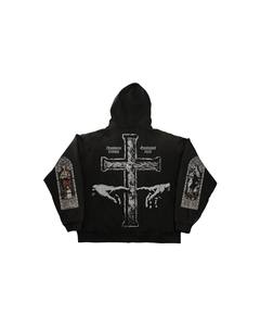 Sudadera con capucha oversize con cremallera de la marca STUDIOS, negra, con estampado gótico, forro polar, diseño de vitral y patrón de cruz - Product Image 6