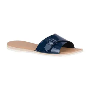 Personality open toe soft navy blue latest fashion leather slide slippers for walking outdoor