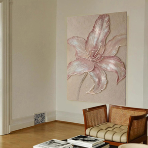 Peinture à l'huile 3D texturée épaisse, Lys rose peint à la main, Effet nacré scintillant, Art floral sur toile, <span class=keywords><strong>D</strong></span>écoration murale crème Wabi Sabi pour chambre à coucher - Product Image 2