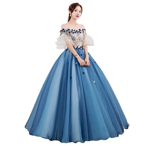 Off The Shoulder Tulle Ball Gown Dress Blue Gray Floral Print Empire Waistline Evening Dress For Women - Product Image 5