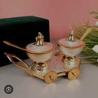 Ensemble de chariot de luxe en laiton plaqué or avec 4 bols et cuillères, distributeur de condiments personnalisé fait main, cadeau promotionnel du Nouvel An chinois
