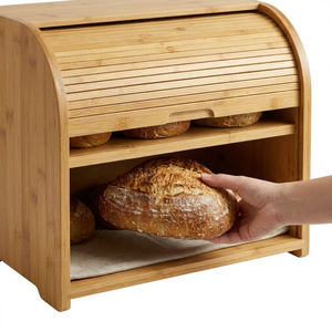 Boîte à pain en bambou 2-en-1 à double couche avec couvercle à charnière et étagère inférieure, grande boîte de <span class=keywords><strong>rangement</strong></span> alimentaire pour cuisine - Product Image 5