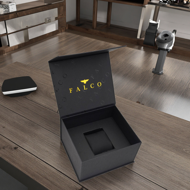 Luxury Black UV Coating Embossing Recyclable Magnet Rigid Custom Single Watch Boxes with Logo Glossy/Matt Lamination