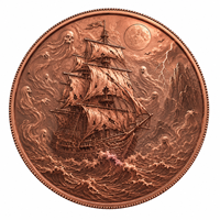 Pièce décorative en cuivre fin .999 de 1 oz, motif bateau fantôme hanté, squelette en relief, tempête, foudre et roue de pirate