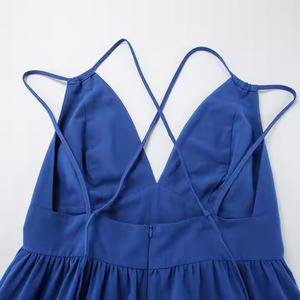 Robe longue d'été décontractée bleue en coton et lin de haute qualité, col en V, sans manches, avec fente haute, pour femme - Product Image 5