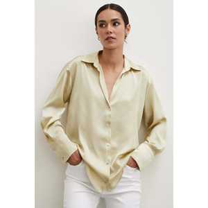 Camisa Básica de Satén para Mujer, Color Crudo Oscuro, con Botones, Estilo Minimalista para el Día a Día - Product Image 1