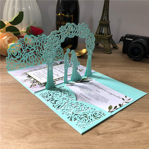 Cartes d'invitations de mariage de mariée <span class=keywords><strong>et</strong></span> de marié bleu pêche <span class=keywords><strong>rose</strong></span> clair fard à joues blanc découpé au Laser Invitations personnalisées florales de poche - Product Image 3