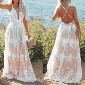 Benutzer definierte lose tiefe V-Ausschnitt sexy Sommer rücken frei weiß plus Größe Strand lange Maxi kleider Damen für elegante Freizeit kleider