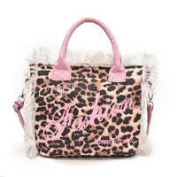 Summer Hot Sell Women Leopard Canvas Fringe Portable Travel Handbag Fashion Luxury European Letters Tassel Beach Tote Purse