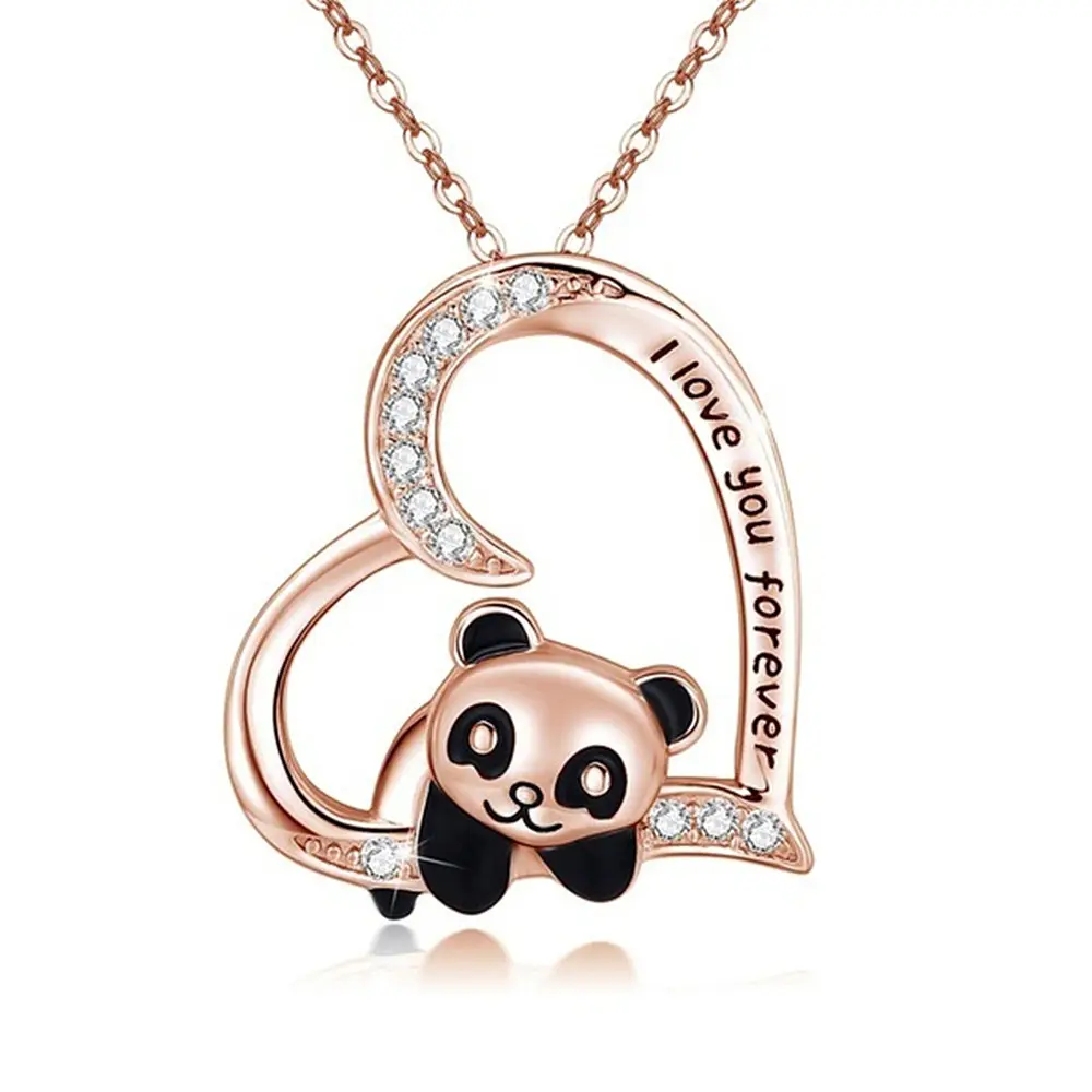 Venta al por mayor de incrustaciones de diamantes de imitación transparente plateado mascota China te amo para siempre letra grabada lindo Panda corazón colgante collar