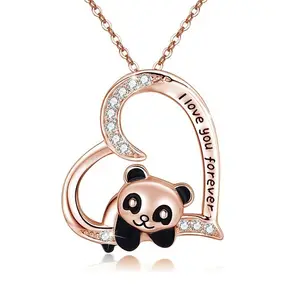 Atacado Inlay Limpar Strass Banhado Mascote Chinês Eu Te Amo Para Sempre Carta Gravada Bonito Panda Coração Pingente Colar