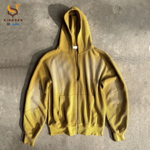 Sweat à capuche zippé pour homme, coupe oversize, style streetwear, avec logo personnalisé, en tricot gaufré thermique, délavé soleil et à l'acide, effet vieilli - Product Image 1