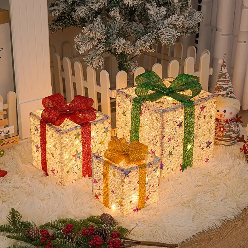 Yılbaşı hediye kutuları Set 3 adet/Set LED ışık dize dekorasyon katlanabilir dekoratif aydınlatma