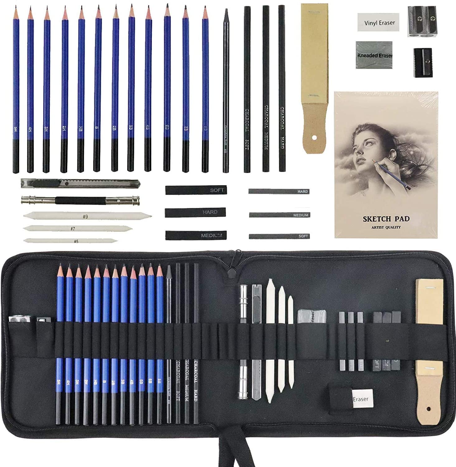 Набор карандашей для набросков и рисования 34 шт. в нейлоновом футляре, включая эскизную доску с индивидуальным заказом