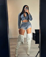 Setelan Denim Dua Potong untuk Wanita: Jaket Denim Kasual Musim Panas dan Celana Pendek dengan Hiasan Berlian Imitasi