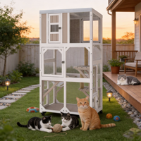 Enclos mobile pour chats d'extérieur en bois, multi-niveaux, avec roues, 3 plateformes, toit imperméable, abri gris pour félins