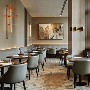 Set di Arredamento per Caffetteria e Ristorante: <span class=keywords><strong>Divano</strong></span> Curvo in Velluto Beige, Tavoli da Pranzo Rotondi in Legno e Sedie con Seduta in Tessuto per Bar - Product Image 4