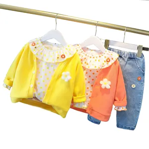 Cardigan + camiseta + calça infantil, conjunto de roupas para bebês meninas com 3 peças estilo crochê