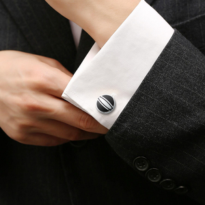 ファッション エレガント ヴィンテージ ラウンドメタル ブラックエナメル ストライプ メンズ カフスボタン - Product Image 4