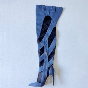 Wholesale Mesh Cut Out Women's Over Knee High Boots Denim Stiletto Heels Leopards <b>Shoes</b> Side Zipper Summer Long Booties - Product Image 2