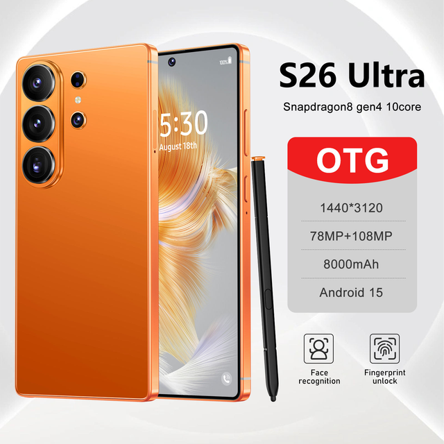2026 New S26 Ultra 5G LTE Android 14 Smartphone 7800mAh Battery Octa Core 108MP Camera OLED 90Hz Display Dual SIM French