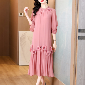 Boutique all'ingrosso donna Maxi autunno nuova moda perline di pizzo con bordo arricciato vita tinta unita in Chiffon uno si adatta a tutti - Product Image 2