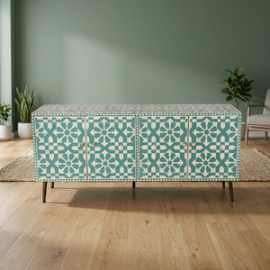 Table de chevet rectangulaire moderne en os incrusté, écologique et faite à la main, motif floral, bleue, pour salon - Product Image 2