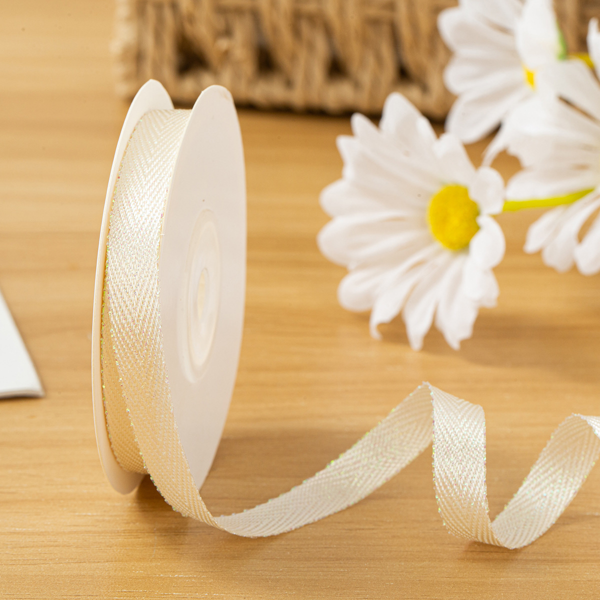 1cm beige herringbone pattern candy-colored ribbon, 10 yards