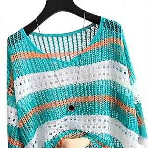 Plus Size Women's <b>Patchwork</b> Anti-Wrinkle O-Neck Pullover Short Sleeve 100% Cotton Casual Summer Knit Tee 380g Digital Printed - Product Image 1