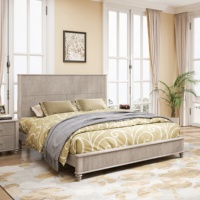 Lit plateforme King Size beige en bois naturel avec tête de lit élégante et haute, pour chambre à coucher, aucun sommier tapissier nécessaire