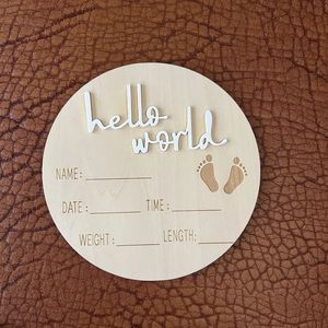 Targa rotonda in legno moderno fatto a mano "ciao mondo" in stile artigianale come scatola regalo per la casa carta delle pietre miliari del bambino - Product Image 3