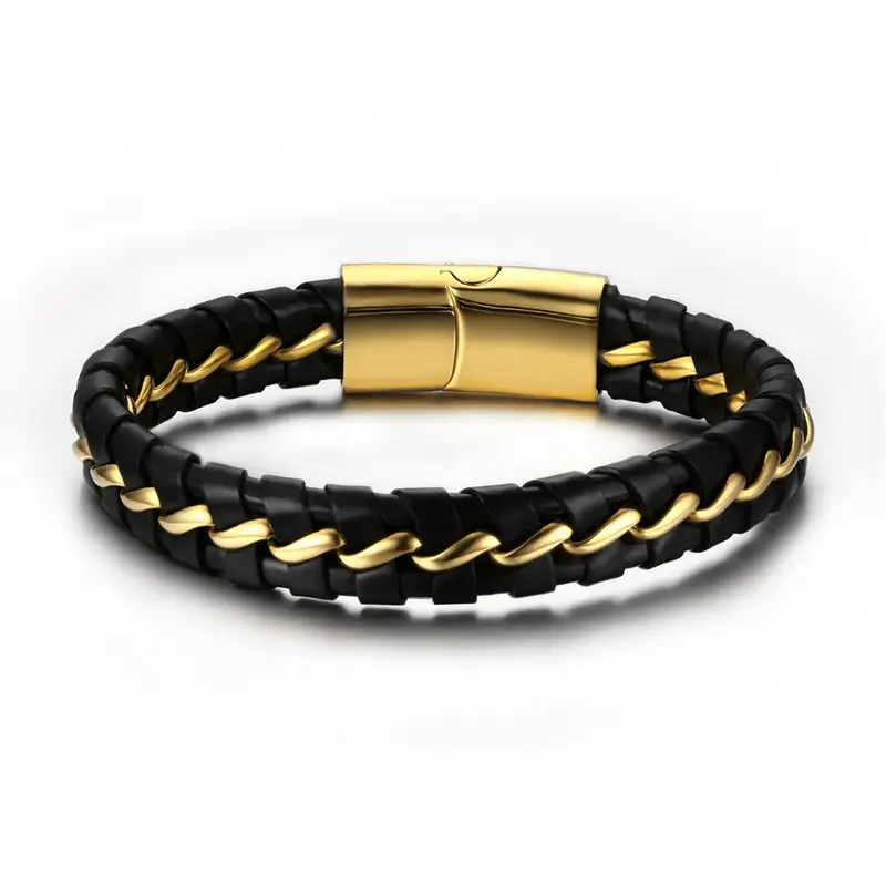 OEM ODM Customized Leather and Gold bracelet man stainless steel technology fiber men jewelry