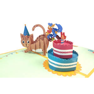 Carte de vœux 3D faite à la main avec un chat mignon et un gâteau d'<span class=keywords><strong>anniversaire</strong></span>, vernissage UV - <span class=keywords><strong>Joyeux</strong></span> <span class=keywords><strong>anniversaire</strong></span> pour les fêtes et les festivals - Product Image 2