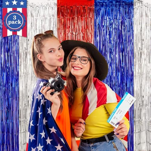 Decoraciones Patrióticas para el Día de la Independencia de Estados Unidos, Accesorios para Fotomatón del 4 de Julio, Telón de Fondo con Cortinas de Papel Metálico Rojo, Azul y Plateado - Product Image 4