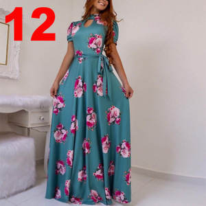 Vestidos estampados informales de talla grande para mujer, vestido <span class=keywords><strong>Maxi</strong></span> bohemio de manga corta ahuecado, con cinturón, a la moda, a la moda, con cinturón, a la moda