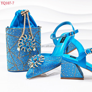 YQ107 Ensemble complet chaussures et sacs bleus africains pour jeune femme, avec chaussures et sacs ornés de cristaux, pour soirée - Product Image 1