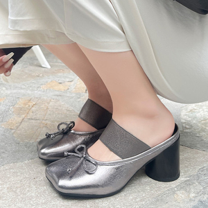 Trending Medium <b>Round</b> <b>Heels</b> Slippers Shoes Square <b>Toe</b> Sandals Women Dress on Stretchy Strap Mules Front Bow Pumps - Product Image 2