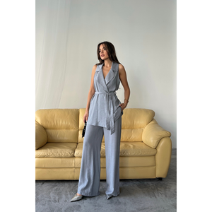 Ensemble gilet et pantalon gris pour femme, ensemble de costume sans manches, pantalon à jambes larges, taille S - Product Image 3