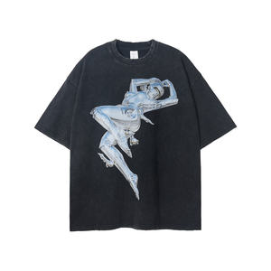 เสื้อยืดผ้าฝ้ายโอเวอร์ไซส์สำหรับผู้ชาย พิมพ์ลายหุ่นยนต์ สไตล์สตรีท คอกลม แขนสั้น ทรงพอดีตัว - Product Image 1