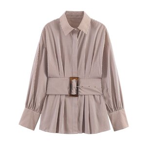 Camicetta da donna a quadri gingham a maniche lunghe <span class=keywords><strong>con</strong></span> colletto a risvolto, vestibilità ampia, <span class=keywords><strong>con</strong></span> <span class=keywords><strong>cintura</strong></span> in vita <span class=keywords><strong>con</strong></span> fibbia effetto tartaruga - Product Image 1