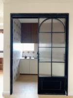 Puerta de Vidrio con Marco Negro Vintage y Parte Superior Arqueada, Puerta Interior de Doble Apertura para Entrada, Pasillo, Dormitorio y Estudio